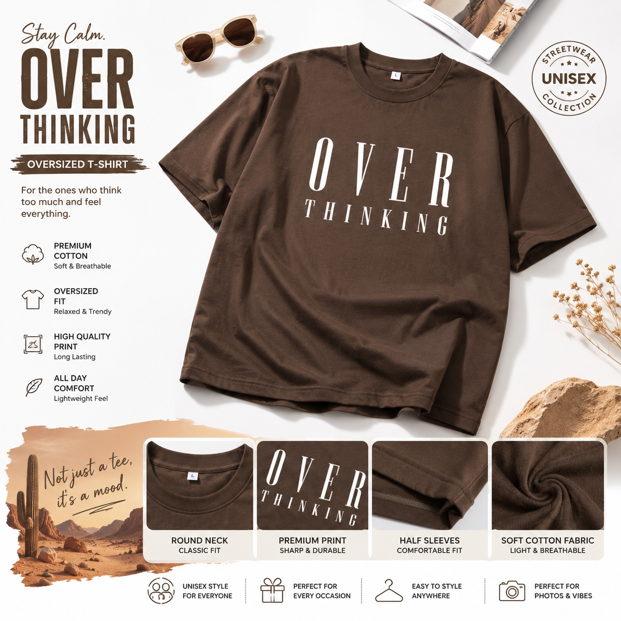 Over Thinking Oversized Brown T-Shirt | Premium Cotton Unisex Streetwear