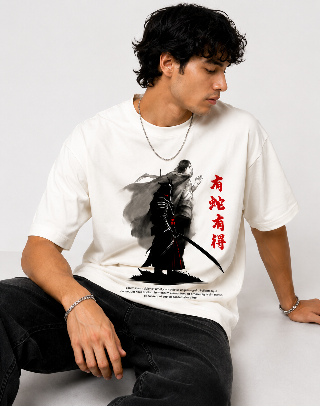 Samurai Warrior Oversized Graphic T-Shirt for Men | Premium Cotton Blend White Tee