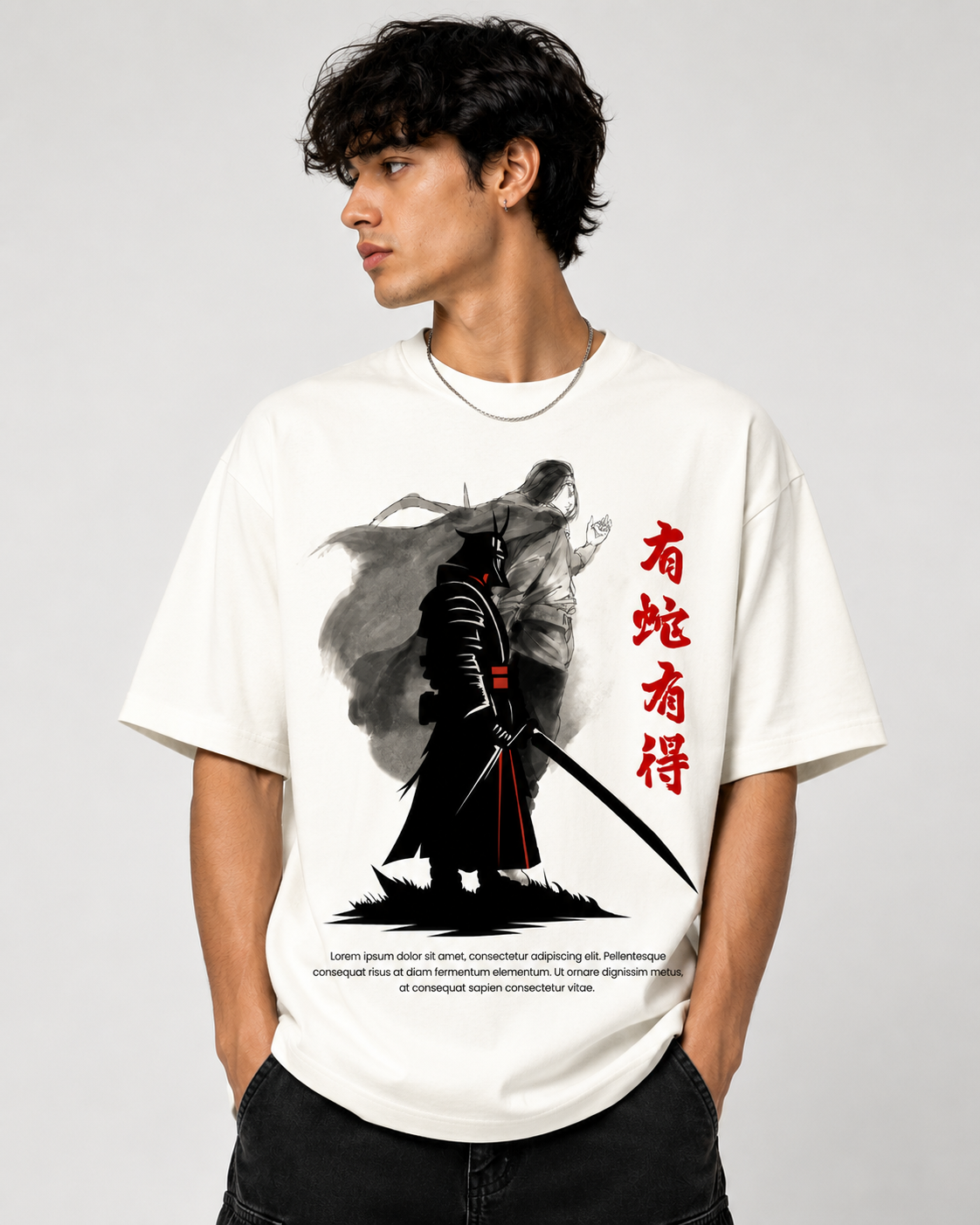 Samurai Warrior Oversized Graphic T-Shirt for Men | Premium Cotton Blend White Tee
