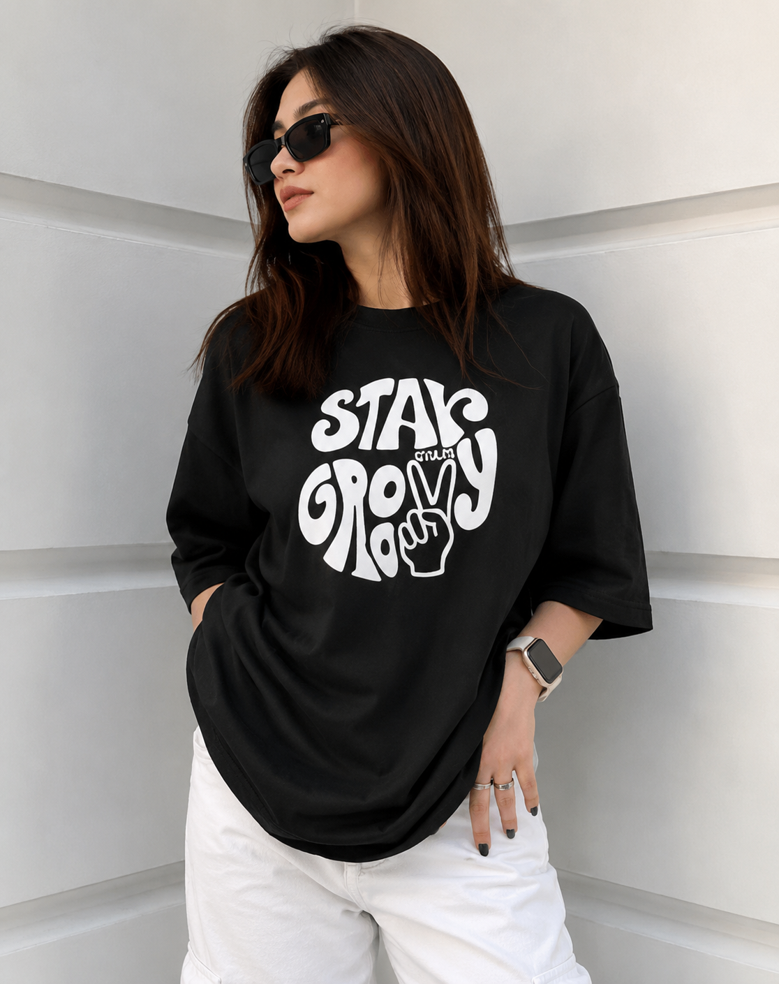 Stay Groovy Oversized Graphic T-Shirt for Women | Premium Cotton Black Tee