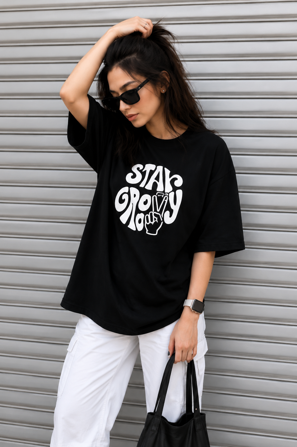 Stay Groovy Oversized Graphic T-Shirt for Women | Premium Cotton Black Tee