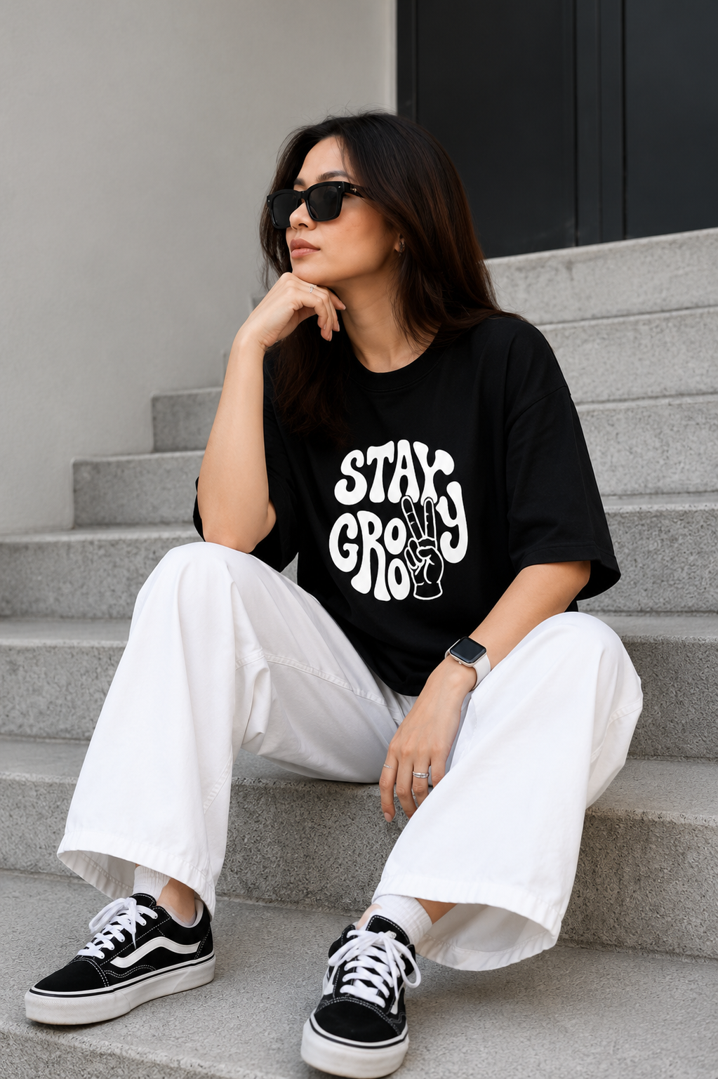 Stay Groovy Oversized Graphic T-Shirt for Women | Premium Cotton Black Tee